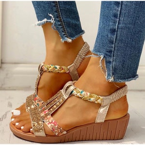 Women's Sandals Summer Bohemia Platform Wedges Shoes-Crystal Gladiator Rome Woman Beach Shoes-Casual Elastic Band Female image 7