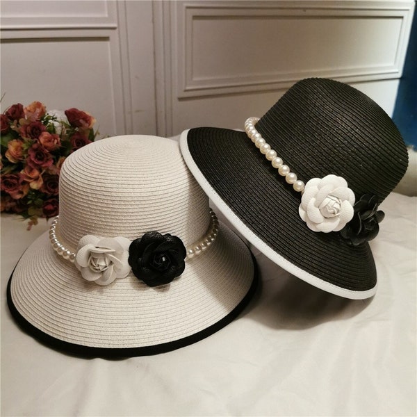 Retro elegant straw hat-Hepburn pearl flower fisherman hat-seaside holiday beach hat- sunshade sunblock hat lady-women fedora hat