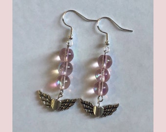 Angelic Earrings, Fairy Earrings, Dangle Earrings, Pink Holographic Beads, Wings, Angel, Faerie Earrings, Fishhook Earrings, Handmade