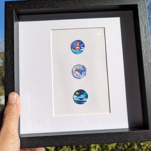Original Small Hand Painted Miniature Watercolor 3 in 1 Coin Sized Miniature Art