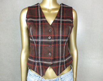 Gilet haut vintage à carreaux écossais tartan marron.