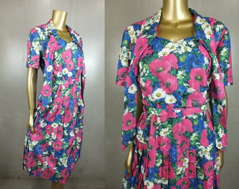 Vintage 1980s 80s FLORAL Dress .  Floral Daisy Print Midi DRESS. ASCOT Tie Neckline . Pink Blue Size 16 . Rita Louise