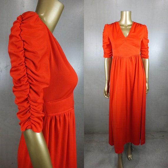 Vintage MAXI Dress 70 70s DRESS .  Vibrant RED Em… - image 1