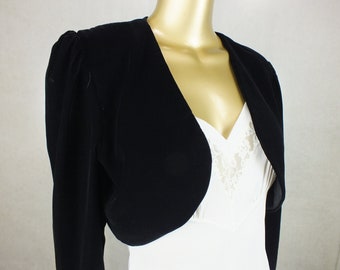 Vintage Bolero Jacket Coat Crop Top. Black VELVET . 1980s 80s . 12 Small