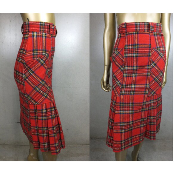 Vintage TARTAN WOOL Skirt > Plaid Check Pencil SKIRT > 80s >  Fishtail Frill Pleat Hem > Xs >Small