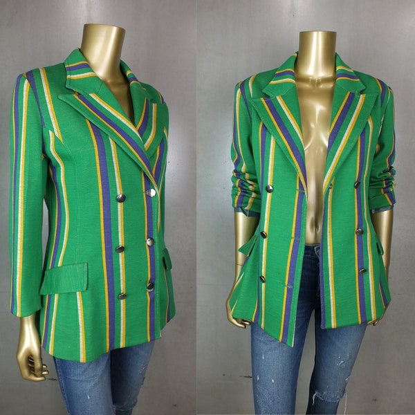 Vintage 80s SPORTSCRAFT JACKET Sports Coat Top.  1980s Double Breasted Blazer . Striped Wool  . Green Yellow Purple BAND Jacket. 14