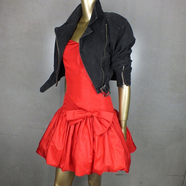 Vintage 1980s 80s DRESS .  Red Balloon Bubble Skirt . Big Bow Sweetheart Neckline . Mr Simon .  Made in Australia