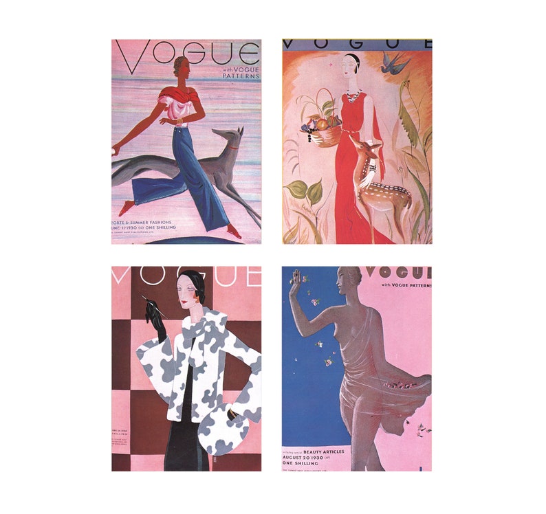 Matted Prints Vogue Magazine Covers 1930 WITH MAT Set of 4 Prints Vintage Vogue Prints Vintage Book Page Prints Gallery Wall Set
