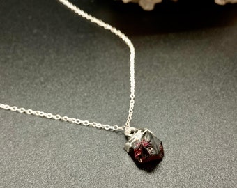 Raw Garnet Necklace  * Sterling Silver * 14K Gold Filled * January Birthstone * Rough Gemstone * Adjustable * Gift for Her * Red Jewelry *