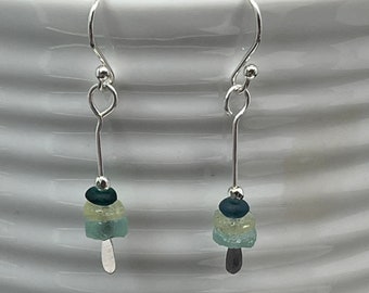 Sea Glass Dangle Earrings: Sterling Silver, Ancient Roman Glass
