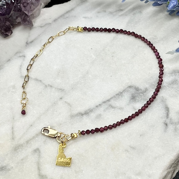 Garnet Gemstone Bracelet * Idaho Gemstone * Idaho State Charm * Sterling Silver * 14K Gold Filled * Adjustable * Handmade * Gift for Her *