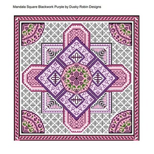 May include: A purple and pink mandala square blackwork design with a floral center. The design is surrounded by a border of pink and white squares.