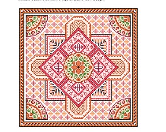 Digital Cross stitch pattern Mandala Orange Square with blackwork