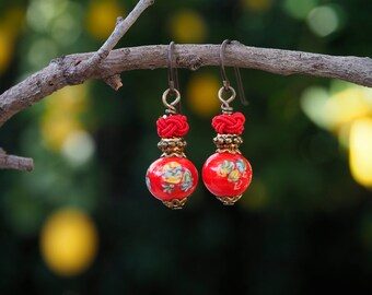 Red, vintage Japanese millefiori earrings. Small, dangle, antique gold, Victorian-style earrings. Fiery lava red, short drop earrings.
