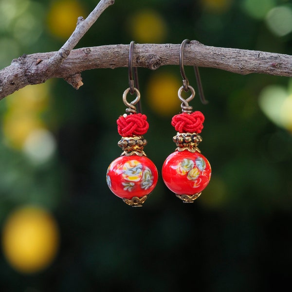 Red, vintage Japanese millefiori earrings. Small, dangle, antique gold, Victorian-style earrings. Fiery lava red, short drop earrings.