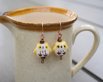 Animal earrings. Owl earrings. Vintage porcelain beads. Dangle earrings for bird lovers.