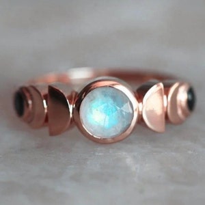 Rose Gold Moonstone & Onyx Goddess Ring