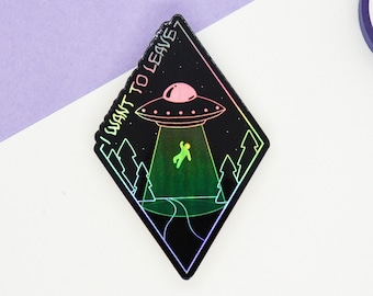 Abducción ovni extraterrestre holográfica: quiero irme. Adhesivo de vinilo resistente a la intemperie