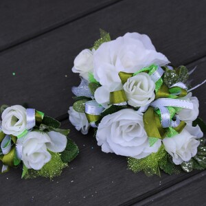 Homecoming Corsage and Boutonniere Set. Prom corsage wedding or dance. Moss lime silver white corsage and boutonniere set. Custom Corsage