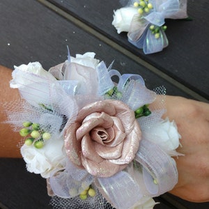 Wrist Corsage and Boutonniere Set. Prom Corsage. Corsage wedding or dance. Peach iridescent glitter corsage and boutonniere.