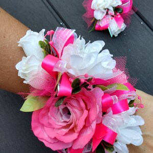 Wrist Corsage and Boutonniere Set. Prom Corsage. Boutonniere. Corsage wedding or dance. Hot pink black iridescent. Homecoming.