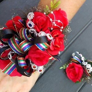 Prom Corsage and Boutonniere Set. Homecoming corsage and boutonniere set. Prom wedding or dance. rainbow red roses silver rhinestone corsage