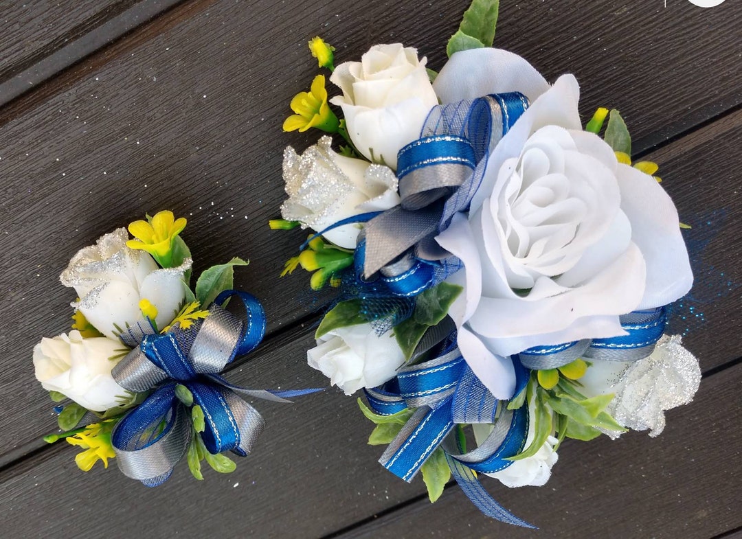 Grey Blue Wrist Corsage og Men Boutonniere satt for Prom Wedding Party main image 1