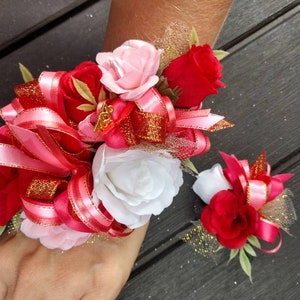 Homecoming Corsage and Boutonniere Set. Prom corsage wedding or dance. Pink red gold corsage and boutonniere set Corsage.. Custom Corsage