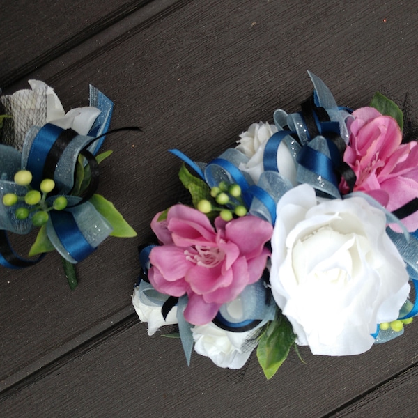 Wrist Corsage and Boutonniere Set. Prom. Homecoming. Light blue. Navy blue. French blue. Blues. Silver.