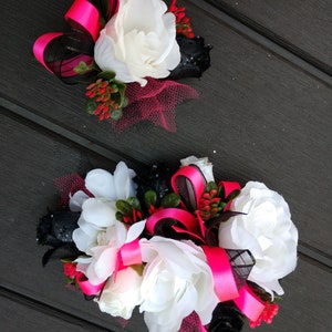 Wrist Corsage and Boutonniere Set. Prom Corsage. Boutonniere. Corsage wedding or dance. Hot pink black. Homecoming.