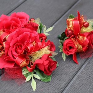 Homecoming Corsage and Boutonniere Set. Prom corsage wedding or dance. Red gold corsage and boutonniere set. Custom Corsage