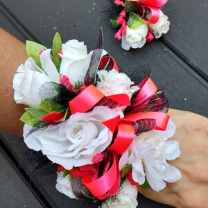 Wrist Corsage and Boutonniere Set. Prom Corsage. Boutonniere. Corsage wedding or dance. Neon pink black iridescent glitter. Homecoming.
