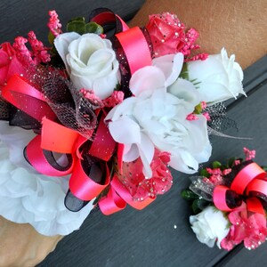 Wrist Corsage and Boutonniere Set. Prom Corsage. Boutonniere. Corsage wedding or dance. Neon pink black silver glitter. Homecoming.