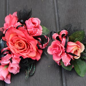 Prom Corsage and Boutonniere Set. Homecoming corsage and boutonniere set. Black, Pink Coral Rose corsage and boutonniere. Custom Corsage