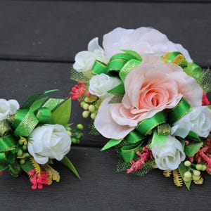 Homecoming Corsage and Boutonniere Set. Prom corsage wedding or dance. green silver white corsage and boutonniere set. Custom Corsage