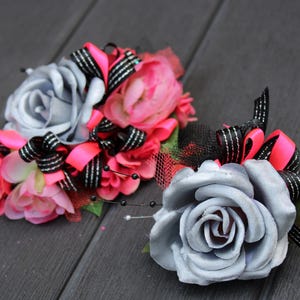 Wrist Corsage and Boutonniere Set. Homecoming corsage and boutonniere set Prom wedding or dance. Hot neon pink silver black. Custom Corsage