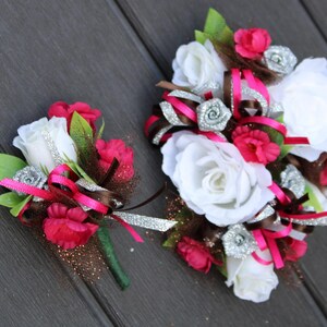 Wrist Corsage and Boutonniere Set. Prom Corsage and Boutonniere Set. Prom corsage wedding or dance. Dark pink brown and silver