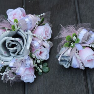 Wrist Corsage and Boutonniere Set. Prom Corsage and Boutonniere Set. Prom corsage wedding or dance. Silver light pink white. Custom Corsage