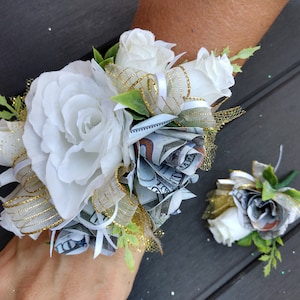 Wrist Corsage and Boutonniere Set. Prom Corsage. Boutonniere. Corsage wedding or dance. Gold money 100 dollar bill.  Homecoming.