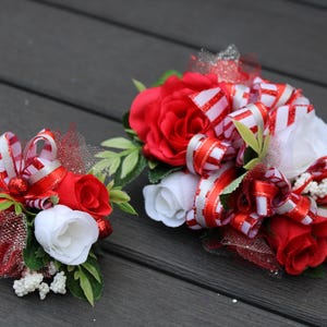 Homecoming Corsage and Boutonniere Set. Prom corsage wedding or dance. White red gray corsage and boutonniere set Corsage.. Custom Corsage