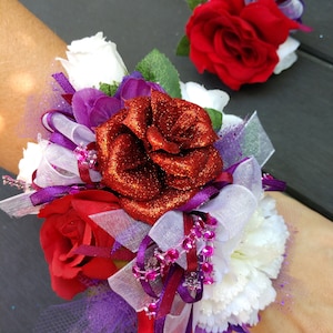 Prom corsage and boutonniere set. Homecoming corsage and boutonniere set. Prom wedding or dance. red white purple hot pink burgundy magenta