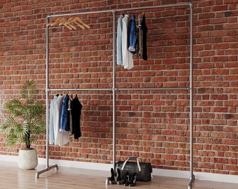 Industrial Clothing Rack - Free-Standing Heavy-Duty Vintage Garment Rack - Double Clothing and Coat Rack