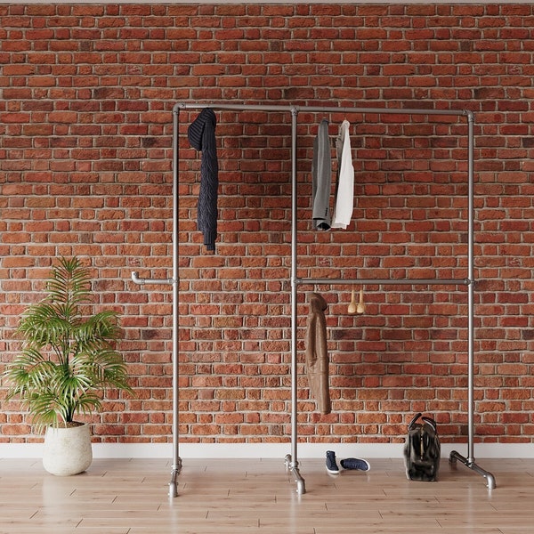 Heavy-Duty Industrial Pipe Clothes Rack - Free-Standing Clothing Rail - Galvanized Pipe Wardrobe Storage - Industrial-Style