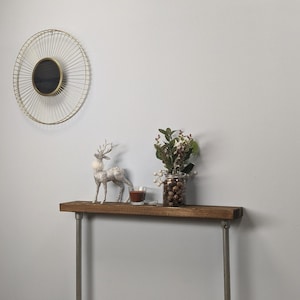Slim Galvanised Industrial Console Table | 14x4cm Reclaimed Wood Hallway Table | Radiator Shelf | Pipe Leg Entryway Table | Slimline Design