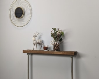 14x4cm Galvanised Industrial Wooden Console Table | Hallway Table with Radiator Shelf | Slimline Table | Industrial Pipe Legs