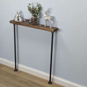 23x4cm Industrial Wooden Console Table | Slim Radiator Shelf | Reclaimed Wood Hallway Table | Metal Pipe Legs | Space-Saving Console