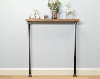 Table console industrielle en bois 14x4 cm | Table de couloir fine avec pieds en tuyaux industriels | Étagère de radiateur | Style d'échafaudage