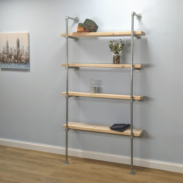 Industrial Metal Pipe Shelving Unit | Wall Mounted Farmhouse Shelf | Tiered Closet Shelving - Wooden Shelves, Reclaimed Wood