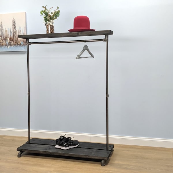 Retail Clothing Rack | Industrial Pipe Design | Clothes & Garment Rack with Wood Shelving and Shoe Rack - Clothing rack, Industrial Rack