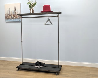 Retail Clothing Rack | Industrial Pipe Design | Clothes & Garment Rack with Wood Shelving and Shoe Rack - Clothing rack, Industrial Rack
